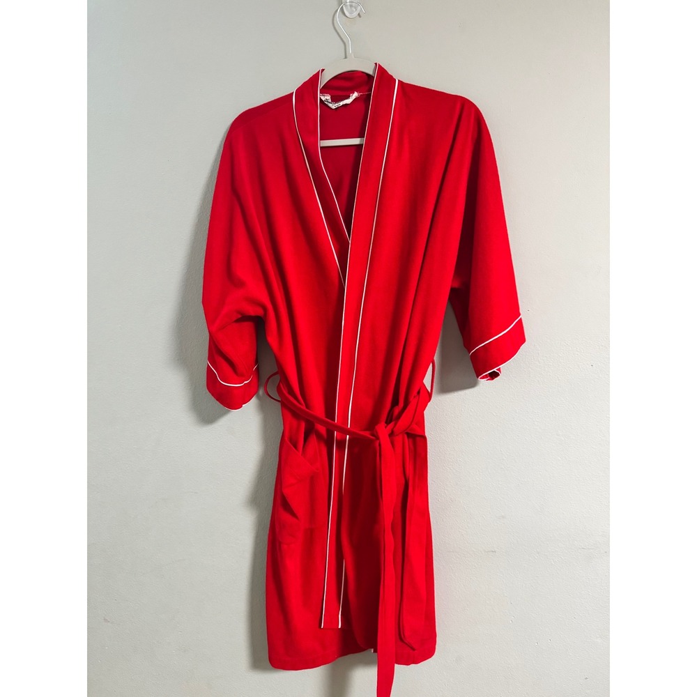 Vintage Munsingwear Mens Red Robe Arnel Triacetate White Piping L XL Pocket Belt